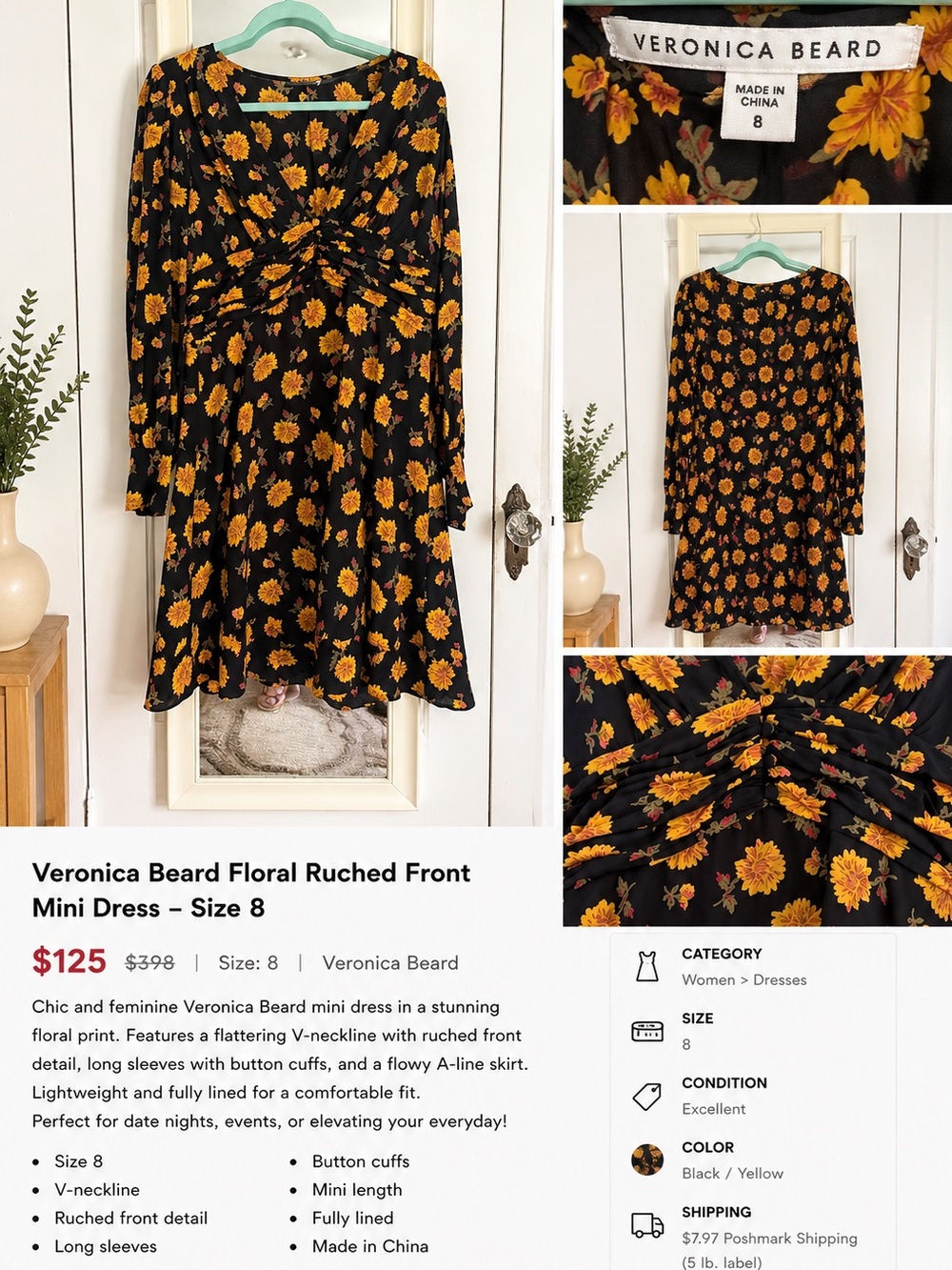 Veronica Beard Black and Yellow Floral Ruched V‑Neck Mini Dress